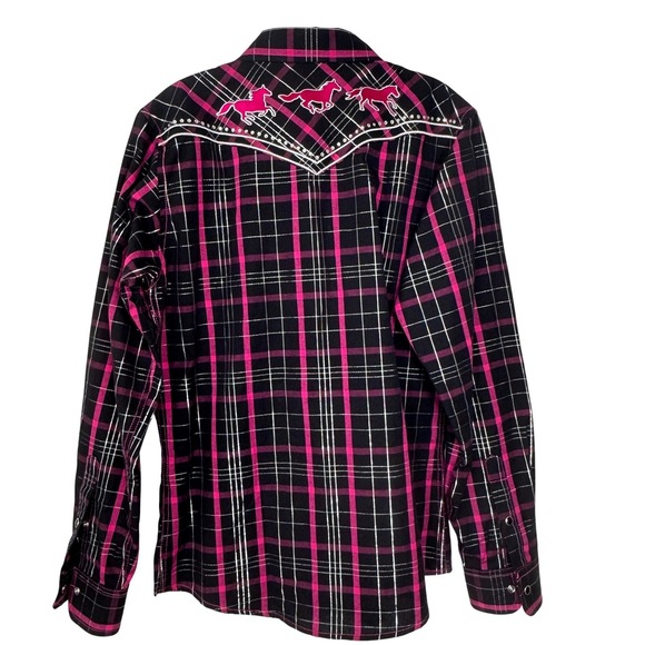 Cowgirl Hardware Plaid Western Snap Shirt Girls L 10 12 Bling Pink Black Silver - Picture 16 of 16